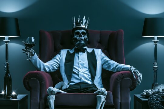 Skeleton king in a tuxedo sits on a throne holding a glass of wine
