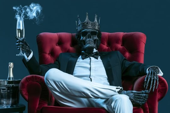 Skeleton king in tuxedo and crown enjoys champagne while sitting in a red armchair