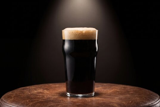 Dark beer glass with creamy foam stout ale on dark atmospheric mood
