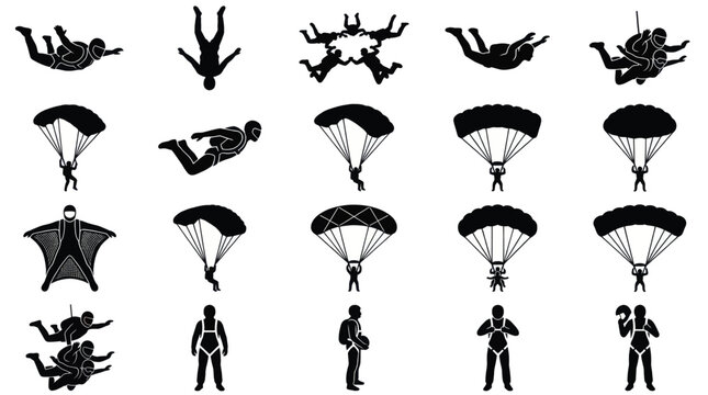 Black skydiving silhouette icons collection, parachutists extreme sports flight positions and equipment preparation symbols for adventure, recreation and sports design