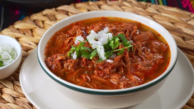 Mexican birria stew in white bowl with fresh cilantro, onion and lime wedges