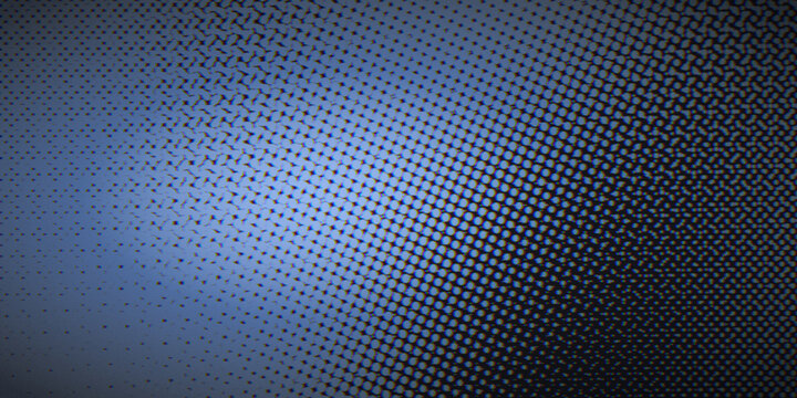 Blue halftone dots fade through a gradient with an ominous, grainy glow.