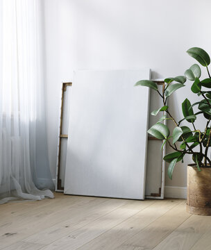 Canvas mockup in modern living room interior, 3d render