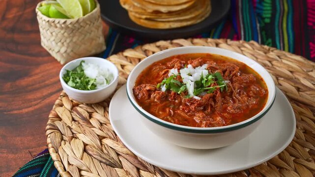 Traditional Mexican Beef Birria stew served with chopped onion and cilantro