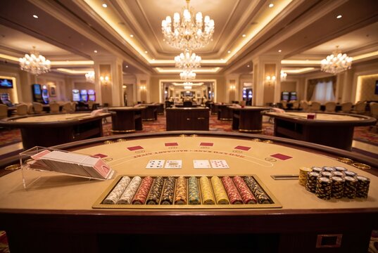 Luxury casino interior with baccarat table chips and playing cards
