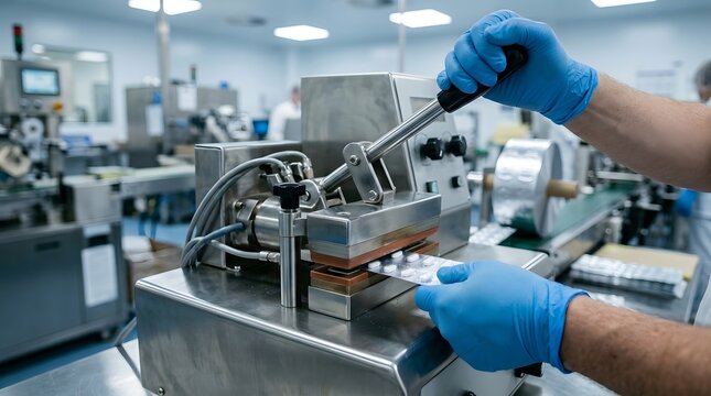 Worker sealing pharmaceutical blister packs on a manual industrial machine in a factory.