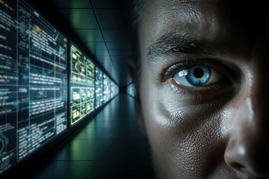 Man intense blue eye stares ahead, reflecting data screens in a secure server room. Digital security expert monitors system activity, observing potential cyber threats and data breaches.