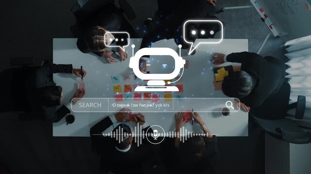 A dynamic scene depicting business professionals engaging in collaborative discussions while integrating innovative technology to improve communication and productivity. Raster