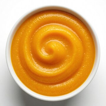Top view of fresh mango pulp in white bowl. Sweet yellow amritsari aam ras swirl in ceramic dish. Traditional Indian mango dessert isolated on white background. Organic fruit puree for summer