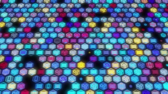 Futuristic Digital Technology Grid With Glowing Neon Hexagonal Cells Displaying Cogs Gears Database Servers And Mobile Device Icons On A Dark Cyber Background Oblique High Angle Perspective Conceptual