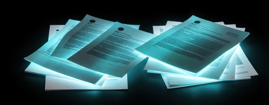 Stacks of illuminated documents with text on dark background. Light shines from beneath papers creating a glowing effect, ideal for business or data presentation.