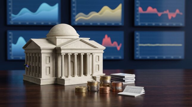 Government building with coins and financial charts
