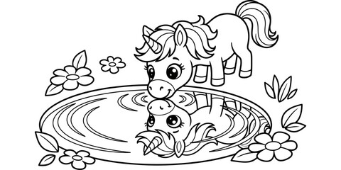 Fototapeta premium Cute little unicorn looking at its reflection in a magical pond for a fun kids coloring page activity