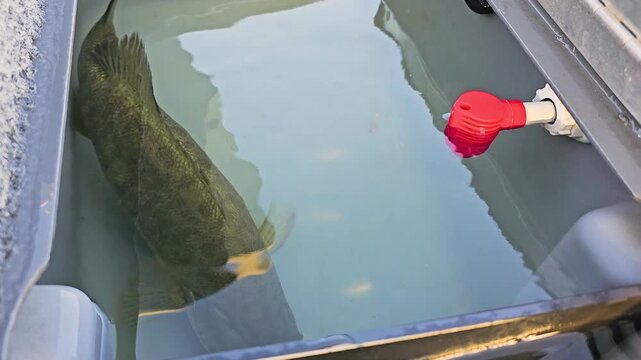 Smallmouth bass rests in aerated boat live well water, with soft ripples, gray storage compartment, red drain plug, and responsible freshwater fishing setup.