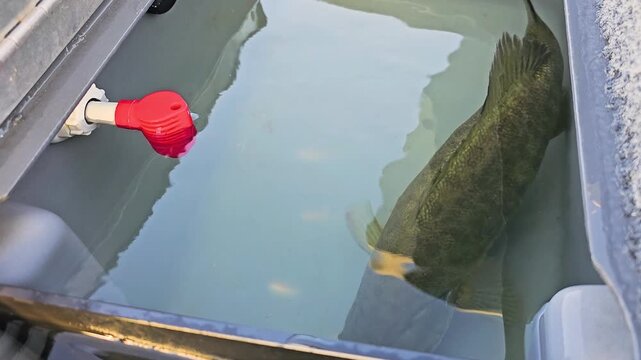 Close-up of a freshwater smallmouth bass in a boat live well, with rippling water, red plug, gray carpeted deck, and calm outdoor fishing tournament details.