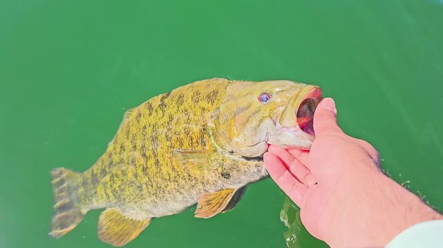 Angler lets a smallmouth bass slip back into the lake, with fish body visible under green water, surface reflections, bubbles, and catch and release sport fishing.