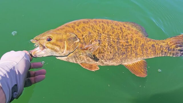 Slow motion release of a smallmouth bass in clear green lake water, showing the fish at the surface, subtle bubbles, and responsible sport fishing on a bright sunny day.