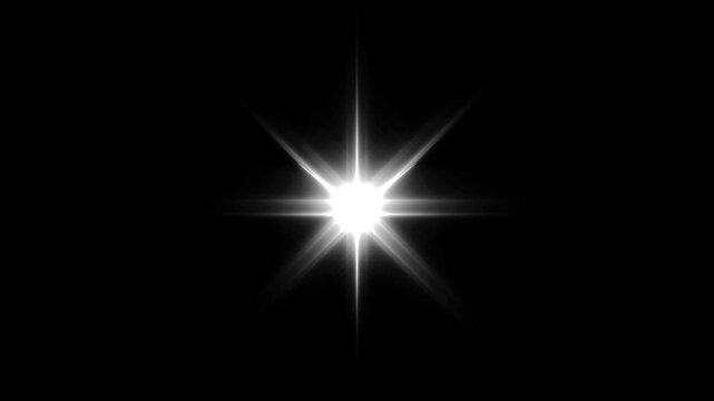 White shining star light effect, abstract loop center flickering glow white star optical shine light lens flares animation on black background. stock video with bright fla, retro shine movement. 4k