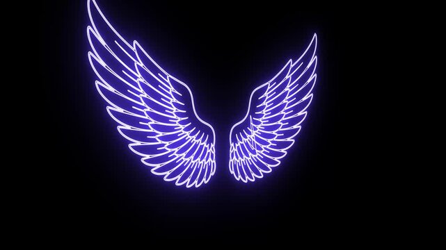 Glowing neon purple angel wings drawing animation on a black background. Perfect for fantasy, spiritual, or modern night light concepts.