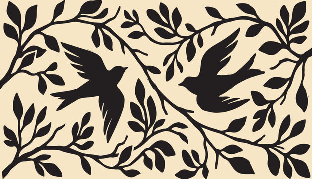 Flying Swallow Silhouettes with Botanical Leafy Vines Vector, Linocut Folk Art Cutout Paper Pattern Illustration, Minimalist Black Nature Graphic