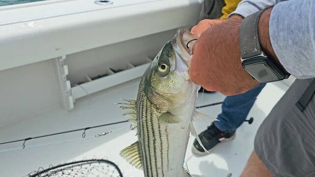 Angler holds a striped bass on a fishing boat deck, with rod, line, landing net, bait, bright sunlight, and close-up saltwater sport fishing catch action.