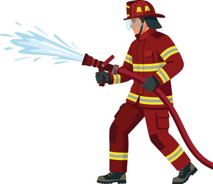 Firefighter in red protective gear spraying water hose. Brave fireman character vector. Emergency rescue worker in uniform.