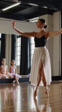 ballerina rehearsal in dance studio, solo dancer on pointe in black leotard and flowing white skirt, students seated in background watching, large windows casting soft sunlight on polished hardwood