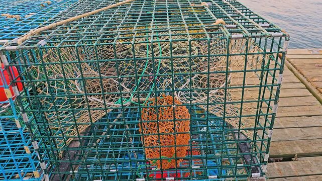 Detailed view of stacked lobster pots with bright blue grids, green bait bags, rope lines, and red float, showing coastal seafood work and maritime gear at golden hour.