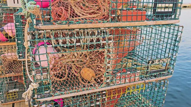 Detailed coastal fishing gear scene with lobster traps, blue metal cage grids, green netting, rope lines, and red float used by working boats and seafood crews.