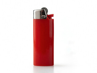 Obraz premium Red plastic lighter with silver metal nozzle stands vertically on white background. Compact butane tool for fire smoking. Shiny pocket accessory used to ignite flames for gas combustion. Simple