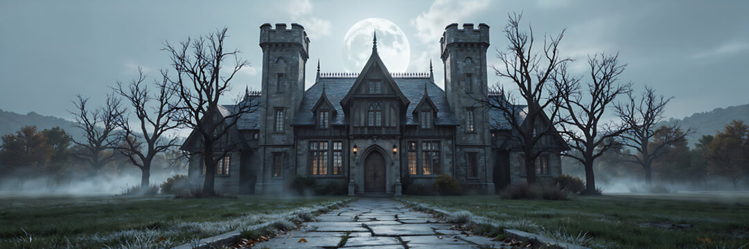 A spooky, abandoned gothic mansion at night with a full moon, bare trees, and thick fog covering the ground in a dark, eerie, and mysterious scene