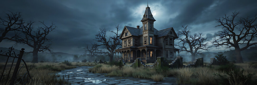 A weathered victorian mansion stands in a desolate field under a dark, stormy sky with bare trees and a stone path leading to the entrance door
