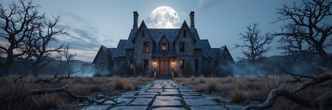 A large abandoned stone mansion with glowing windows in a misty field under a bright full moon with bare trees and a stone path leading to it