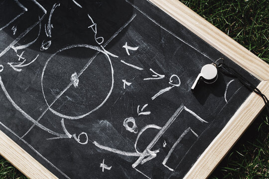 Hand drawn soccer play strategy scheme sketch, isolated on on the black chalkboard.