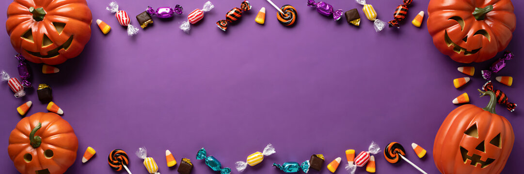 Halloween border frame featuring carved jack-o-lantern pumpkins and colorful assorted candies on a vibrant purple background, with copy space