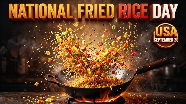 National Fried Rice Day banner, wok cooking with fire, September 29 USA holiday concept, spicy meal closeup, food photography with text space