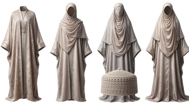 Muslim women modest wear collection includes abaya jilbab and hijab styles. Kufi cap for men also shown. Elegant flowing garments in neutral earth tones.