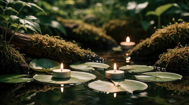 Lit candles float on lily pads in calm water surrounded by rich green nature. Peaceful scene offers serene ambiance for meditation relaxation and spa wellness.