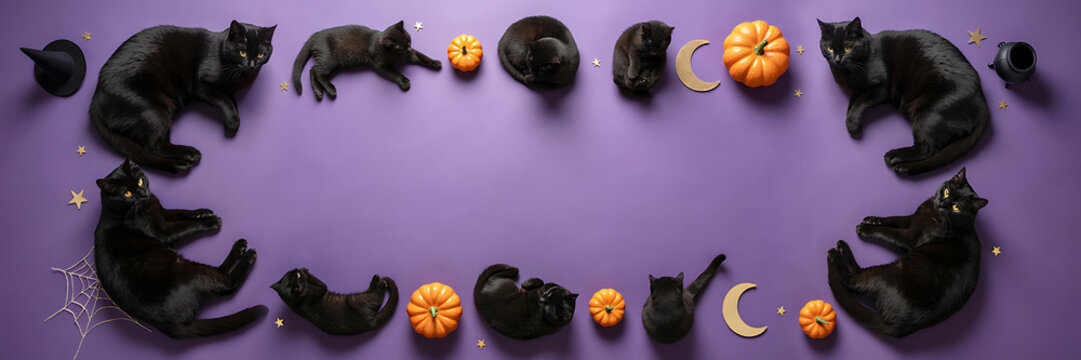 Multiple black cats arranged in a rectangular frame on a purple background, with small orange, pumpkins, crescent moons, and witch hat decorations