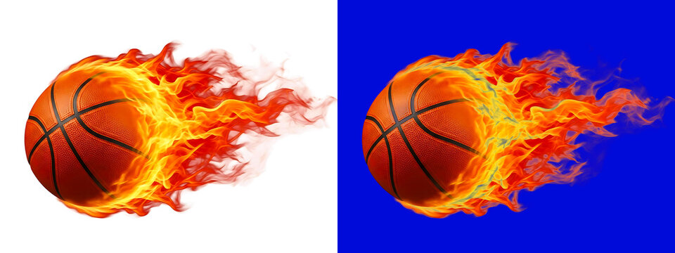 Basketball on fire with intense flames and smoke effect isolated on white and blue backgrounds for sports and competition concepts isolated on a transparent background