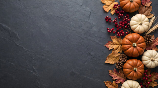 Dark slate background bordered on the right by small pumpkins red berries and dry autumn leaves, rustic seasonal template, Thanksgiving celebration, Thanksgiving.