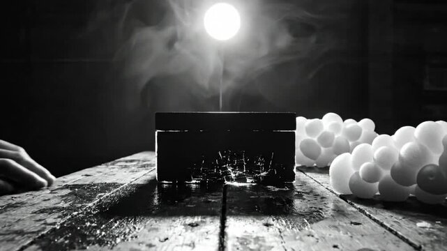 Mysterious black box object on wooden surface with bright light, smoke, and abstract spheres in dramatic black and white