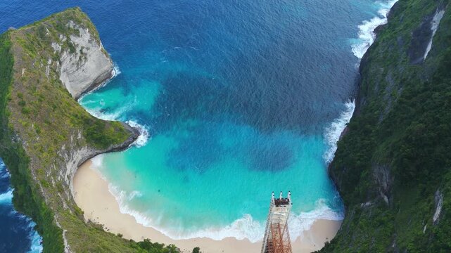 Unfinished construction site of glass elevator at Nusa Penida Kelingking. Aerial