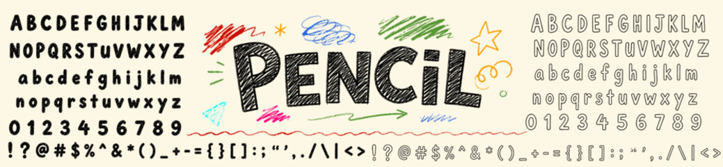 Hand Drawn Pencil Sketch Alphabet and Typography Collection with Uppercase and Lowercase Letters, Numbers, Punctuation Marks, Doodles, Scribbles, Stars and Decorative Hand Drawn Design Elements © SB Graphics