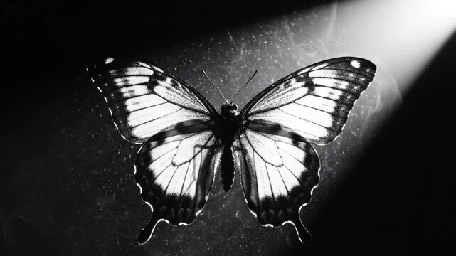 Black and white butterfly illuminated by a beam of light against a dark background with wisps of smoke.
