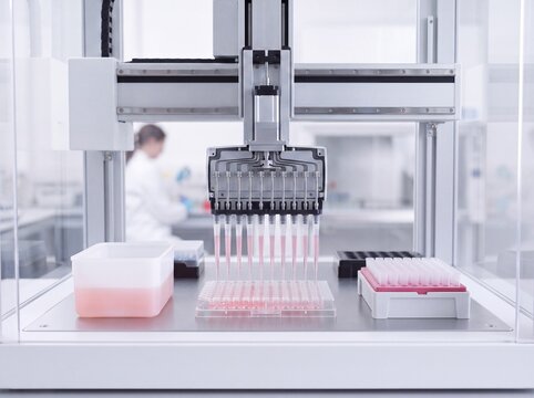 Automated Liquid Handling Robot Dispensing into 96 Well Microplate