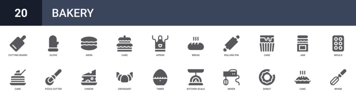 Set of 20 solid Bakery icons for dashboards, app screens and website sections. Filled glyph collection including glove, cake, bread, cake and jam.