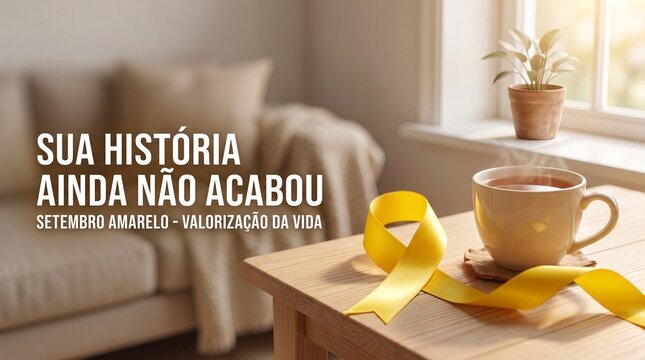 Banner do Setembro Amarelo com fita amarela x&iacute;cara de ch&aacute; e vaso de planta em mesa de madeira