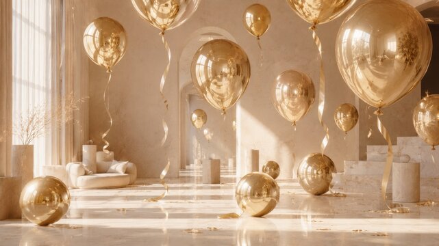 Golden balloons fill a bright room