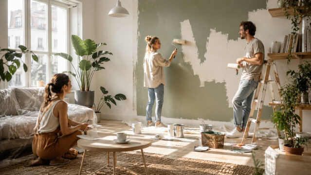 Friends paint a wall together